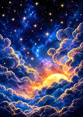 Golden Moon Amidst Cosmic Clouds