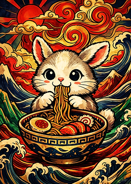 Cute Bunny Eating Ramen Ukiyo-e Style