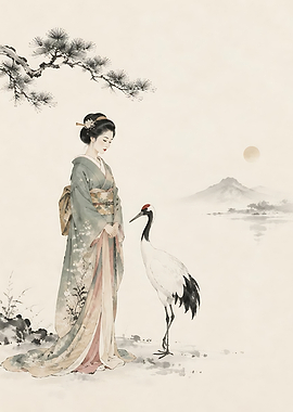 Geisha and Crane in Traditional Ink