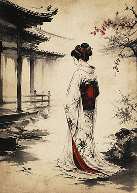 Geisha in Traditional Japanese Garden
