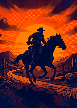 Cowboy Riding Horse at Sunset
