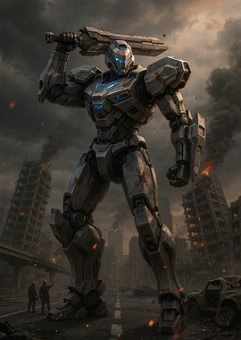 Giant Mech Warrior in Ruined City