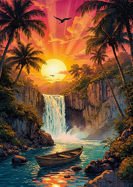 Tropical Waterfall Sunset with Wooden Boat