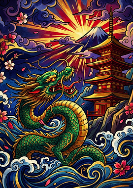 Japanese Dragon and Pagoda Art
