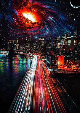 Cosmic Cityscape with Light Trails
