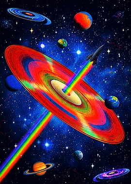 Rocket Ship Creating Cosmic Rainbow