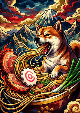 Shiba Inu Eating Ramen Illustration