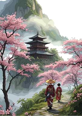 Two Women Walking Toward Mountain Temple