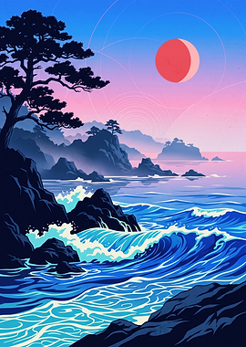 Stylized Japanese Coastal Landscape
