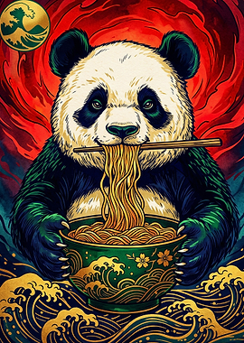 Panda Eating Ramen Japanese Art