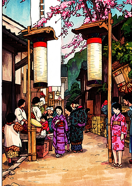 Traditional Japanese Street Scene Illustration