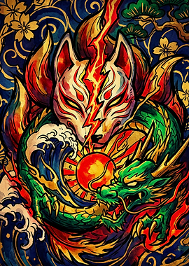 Kitsune Mask and Dragon Japanese Art