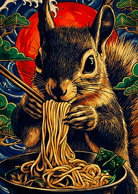 Squirrel Eating Ramen Japanese Art