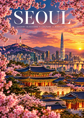 Seoul Cherry Blossom Sunset Travel Poster