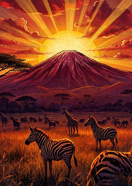 African Savanna Sunset with Wildlife