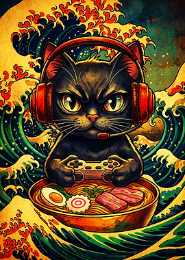 Gaming Black Cat Ramen Wave Art
