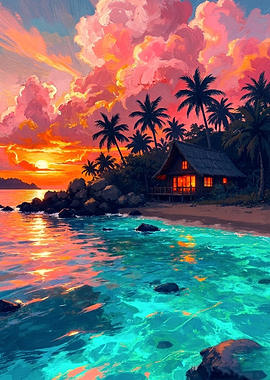 Tropical Beach Sunset Cabin