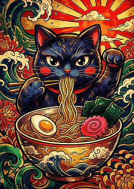 Lucky Cat Eating Ramen Illustration