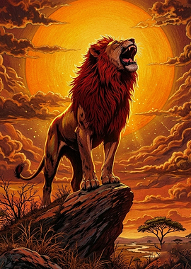 Majestic Lion Roaring at Sunset