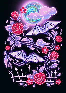 Neon Origami Bat and Rose Garden