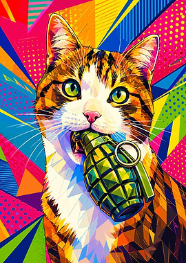 Pop Art Cat Holding Grenade