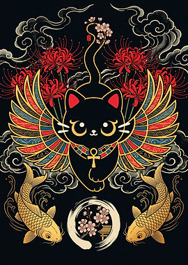 Winged Black Cat with Koi Fish