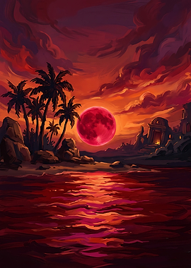 Blood Moon Over Tropical Ruins