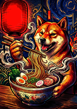 Shiba Inu Eating Ramen Illustration