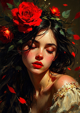 Ethereal Woman Adorned with Red Roses