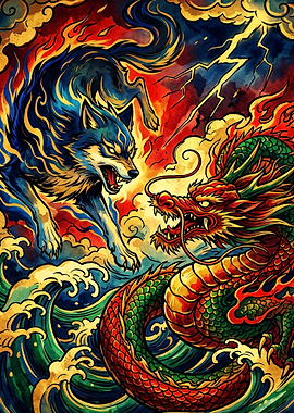 Epic Battle Between Wolf and Dragon