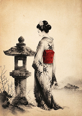 Geisha Standing by Stone Lantern