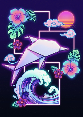 Neon Origami Dolphin Tropical Art