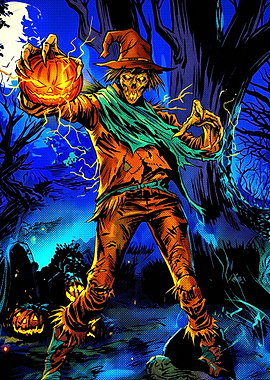Scarecrow Holding Glowing Jack-o'-lantern