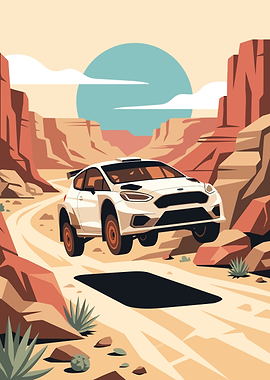 Rally Car Jumping Through Desert Canyon