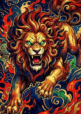 Fierce Japanese Style Lion Illustration
