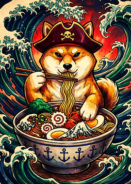 Pirate Shiba Inu Eating Ramen
