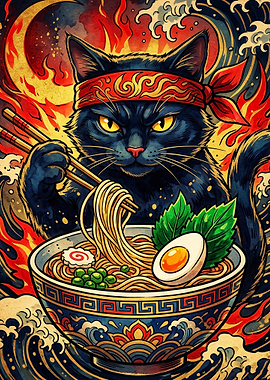 Black Cat Eating Ramen Illustration