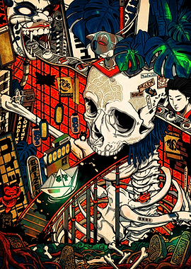 Surreal Japanese Skull and Oni Art