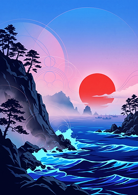 Stylized Japanese Coastal Sunset Landscape