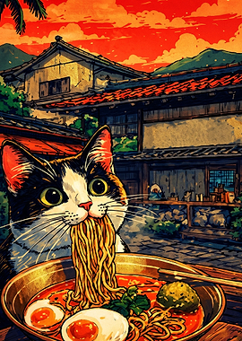 Cat Eating Ramen in Japan
