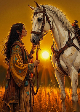Woman and Horse at Sunset