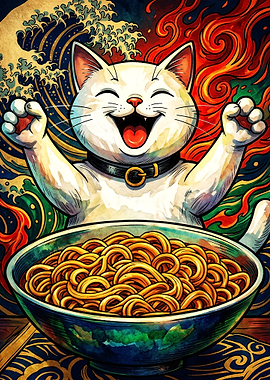 Happy Cat Eating Ramen Noodles