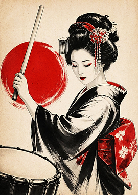 Geisha Playing Traditional Taiko Drum