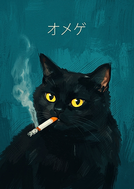 Smoking Black Cat Japanese Art Painterly Poster