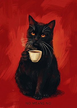 Black Cat Coffee Humor Painterly Illustration
