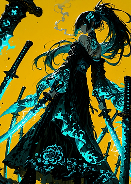 Anime Warrior Girl with Glowing Swords
