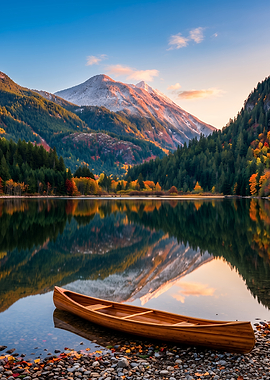 Canoe on a Serene Mountain Lake