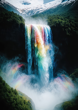 Majestic Rainbow Waterfall in Mountains