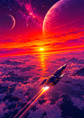 Spaceship Flying Over Alien Planet