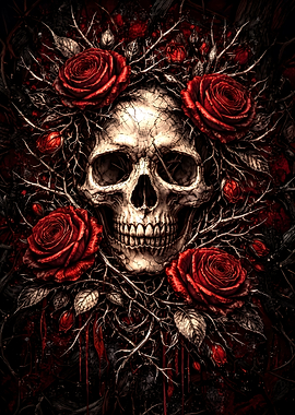 Gothic Skull Surrounded by Red Roses